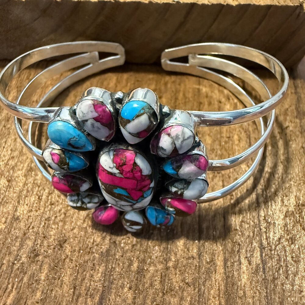 Cotton Candy Turquoise Dahlia Stone Sterling Silver Cuff - Picture 2 of 5